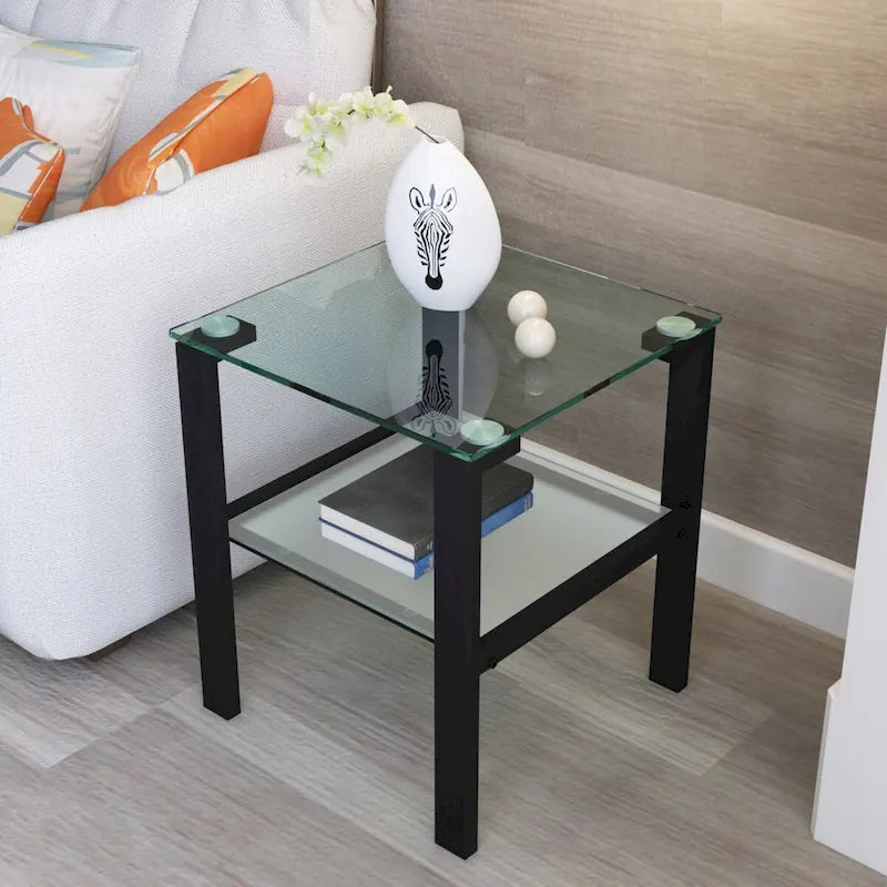 Lot de 2, table à thé en verre à deux niveaux, petite table ronde, table d'appoint de chambre à coucher, table d'appoint de salon, Noir