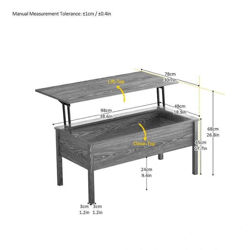 Table basse relevable bureau moderne gris clair aspect bois avec rangement dissimulé pour salon