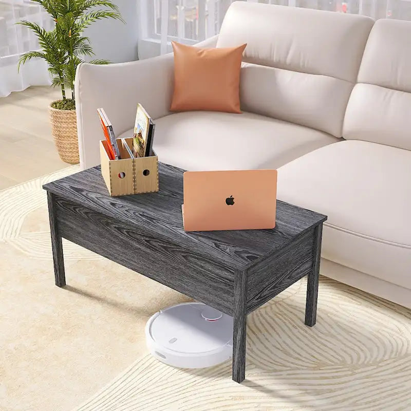 Table basse relevable bureau moderne gris clair aspect bois avec rangement dissimulé pour salon