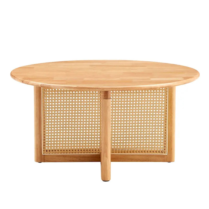 table basse en bois avec accents en rotin synthétique