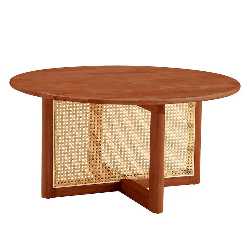 table basse en bois avec accents en rotin synthétique