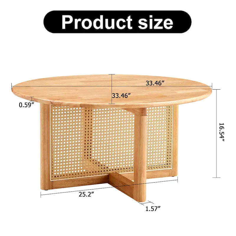 table basse en bois avec accents en rotin synthétique