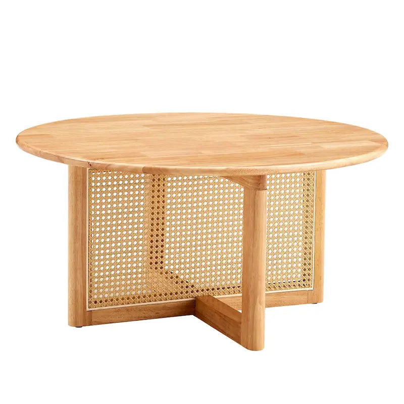 table basse en bois avec accents en rotin synthétique