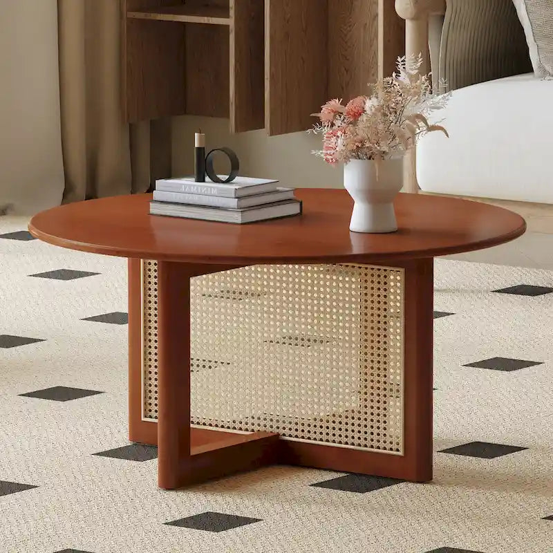 table basse en bois avec accents en rotin synthétique