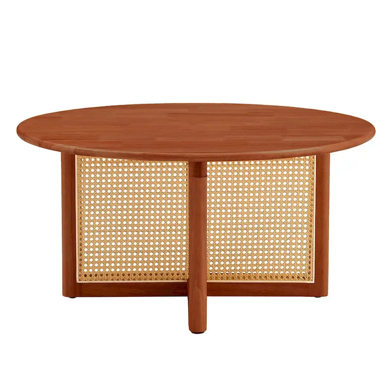 table basse en bois avec accents en rotin synthétique