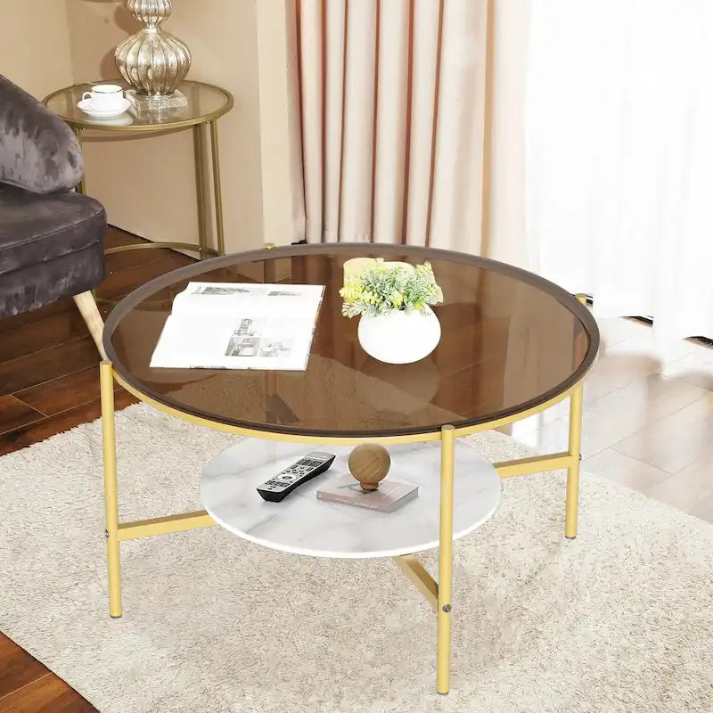 Table de rangement ronde à café à 2 niveaux avec plateau en verre trempé et table d'appoint en pierre frittée