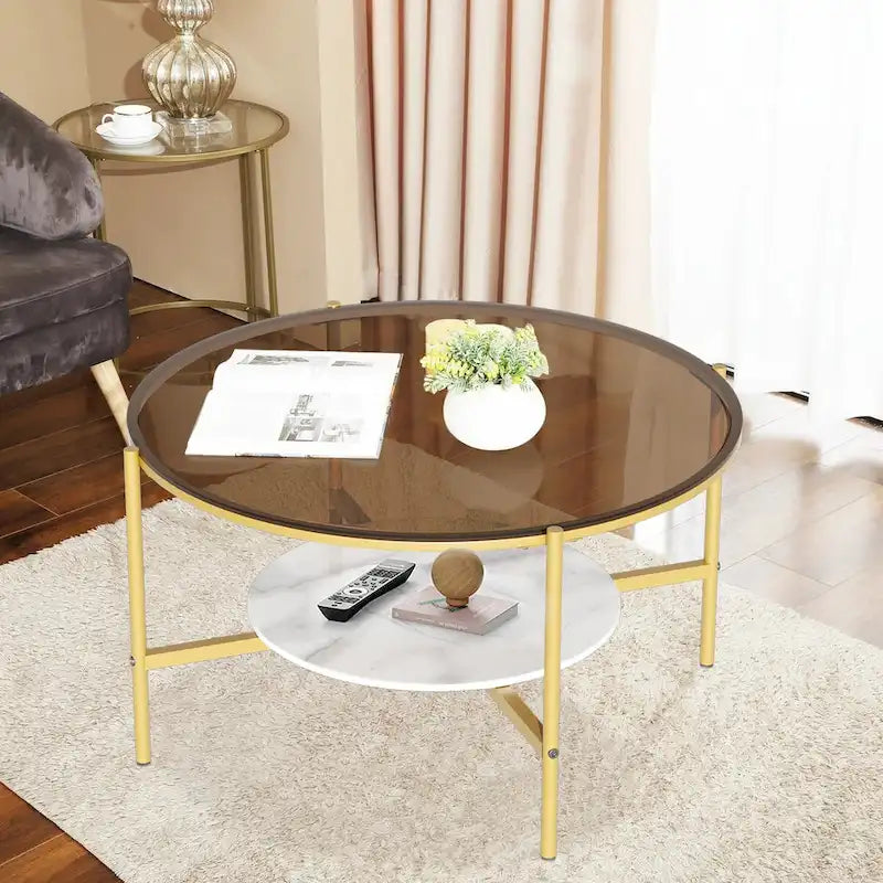 Table de rangement ronde à café à 2 niveaux avec plateau en verre trempé et table d'appoint en pierre frittée