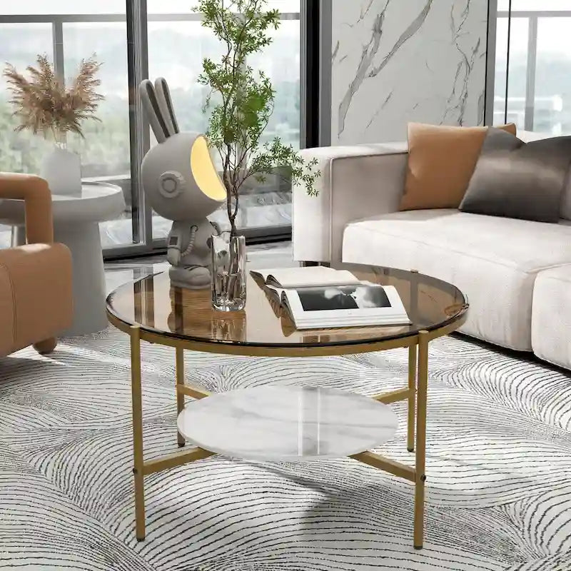 Table de rangement ronde à café à 2 niveaux avec plateau en verre trempé et table d'appoint en pierre frittée