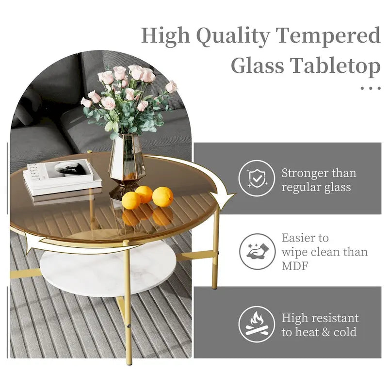 Table de rangement ronde à café à 2 niveaux avec plateau en verre trempé et table d'appoint en pierre frittée
