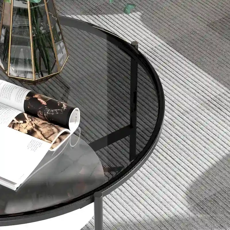 Table de rangement ronde à café à 2 niveaux avec plateau en verre trempé et table d'appoint en pierre frittée