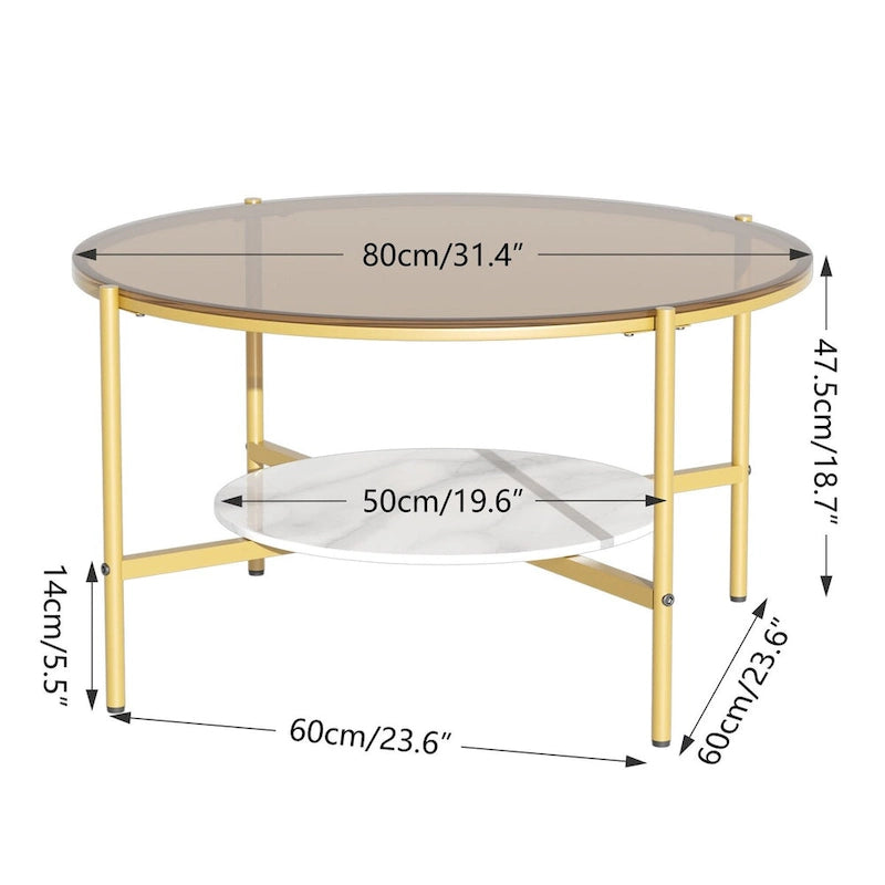 Table de rangement ronde à café à 2 niveaux avec plateau en verre trempé et table d'appoint en pierre frittée