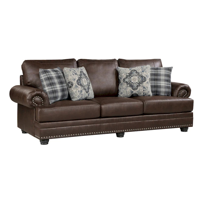 Canapé Jade 98 pouces, microfibre marron riche, 4 oreillers, coussins moelleux, bois