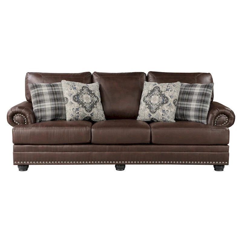 Canapé Jade 98 pouces, microfibre marron riche, 4 oreillers, coussins moelleux, bois