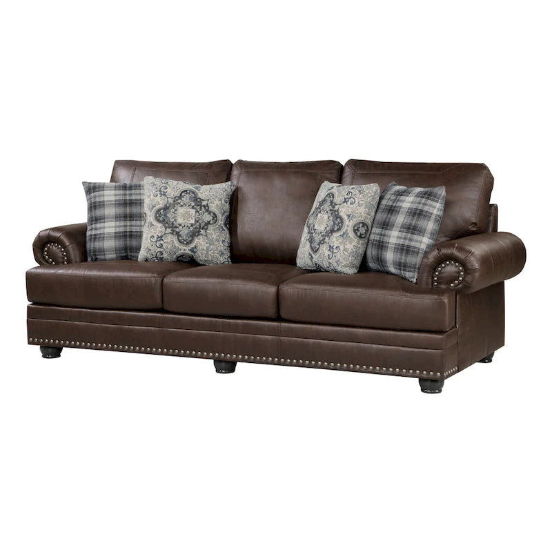Canapé Jade 98 pouces, microfibre marron riche, 4 oreillers, coussins moelleux, bois