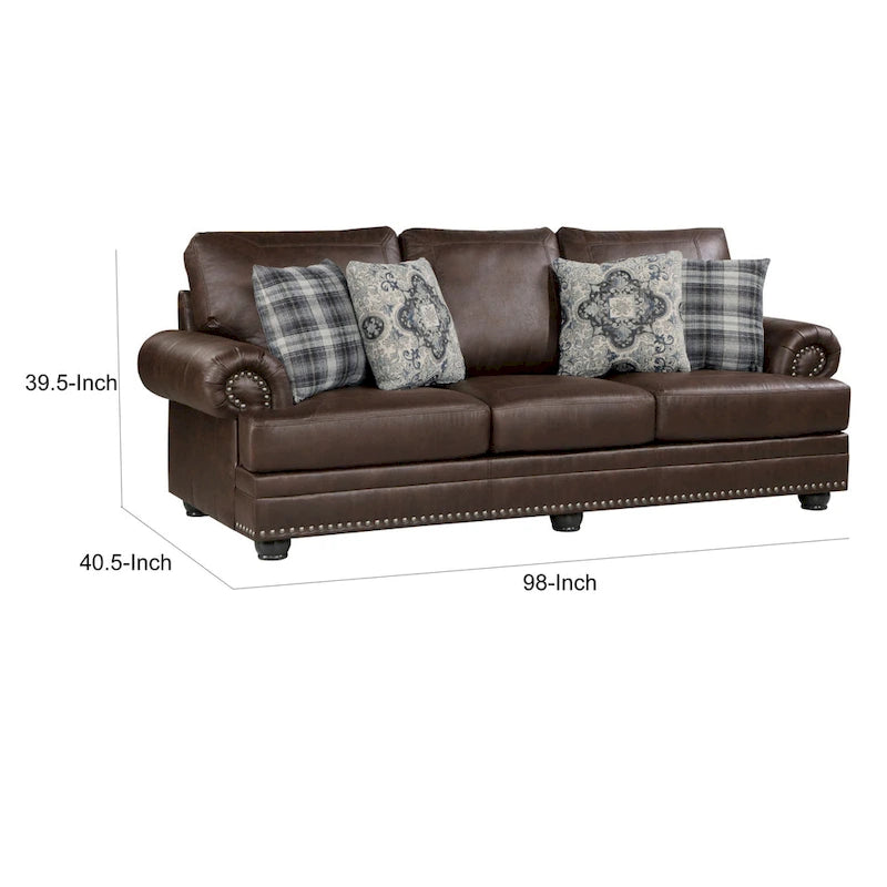 Canapé Jade 98 pouces, microfibre marron riche, 4 oreillers, coussins moelleux, bois