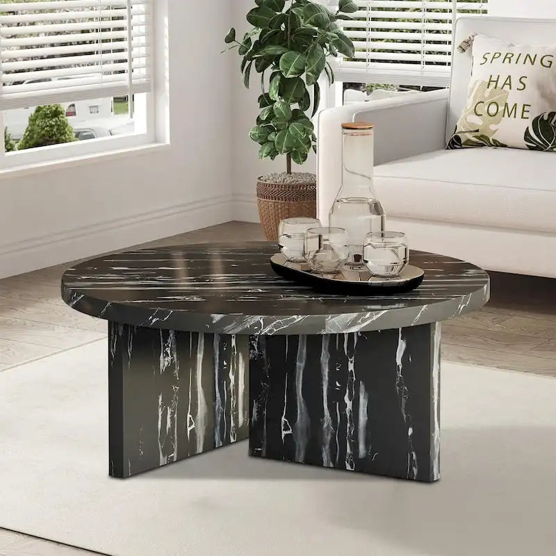 Table basse ronde moderne et élégante en bois avec surface en placage imitation marbre