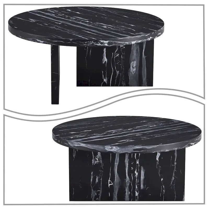 Table basse ronde moderne et élégante en bois avec surface en placage imitation marbre