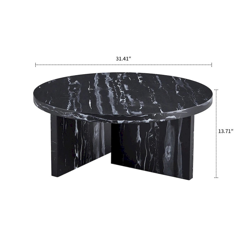 Table basse ronde moderne et élégante en bois avec surface en placage imitation marbre