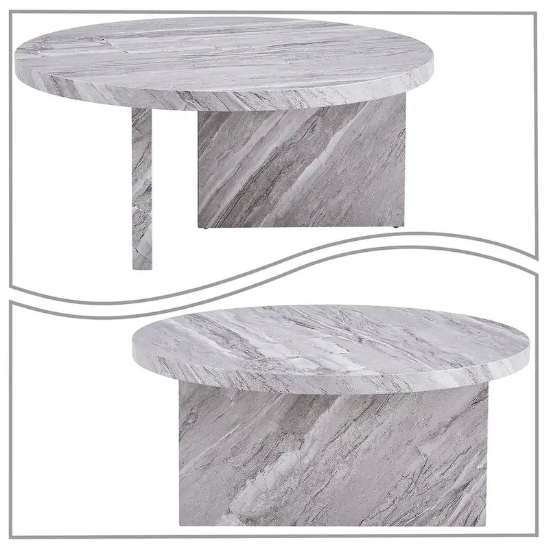 Table basse ronde moderne et élégante en bois avec surface en placage imitation marbre