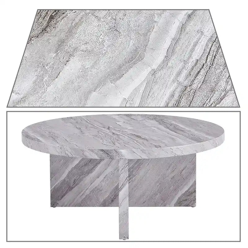 Table basse ronde moderne et élégante en bois avec surface en placage imitation marbre