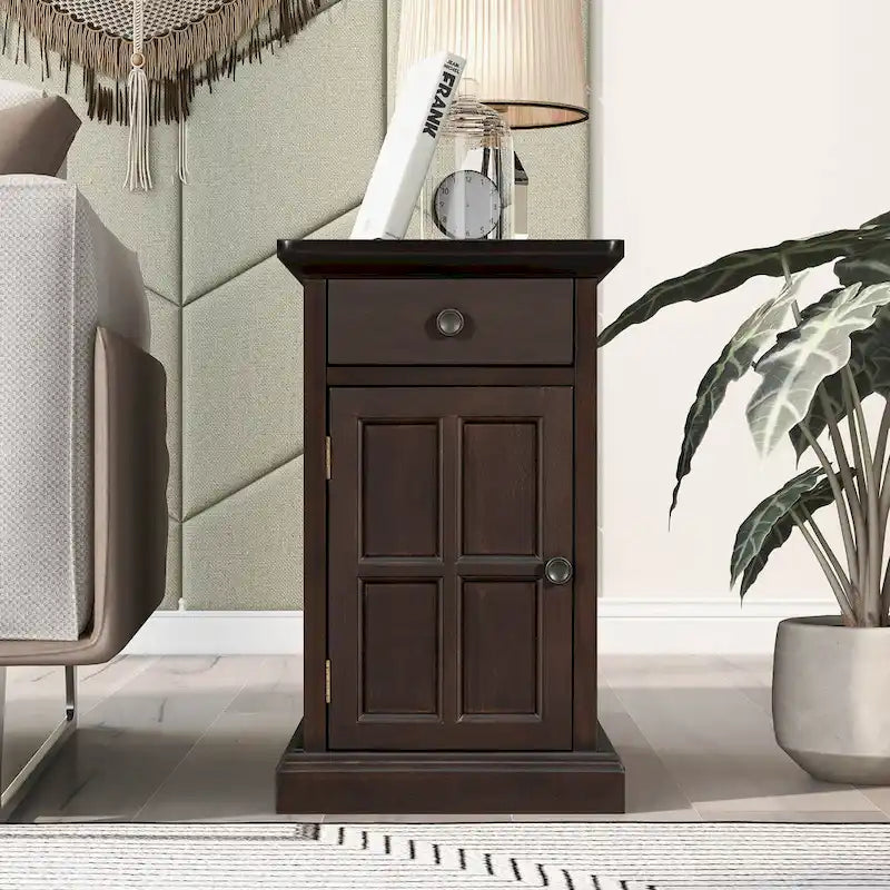 Table d'appoint étroite multifonctionnelle classique vintage avec ports USB et 1 tiroir avec porte-gobelets, table d'appoint de canapé