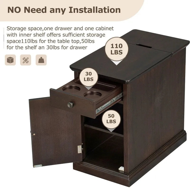 Table d'appoint étroite multifonctionnelle classique vintage avec ports USB et 1 tiroir avec porte-gobelets, table d'appoint de canapé