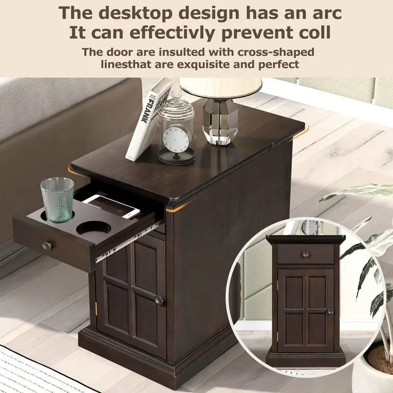 Table d'appoint étroite multifonctionnelle classique vintage avec ports USB et 1 tiroir avec porte-gobelets, table d'appoint de canapé
