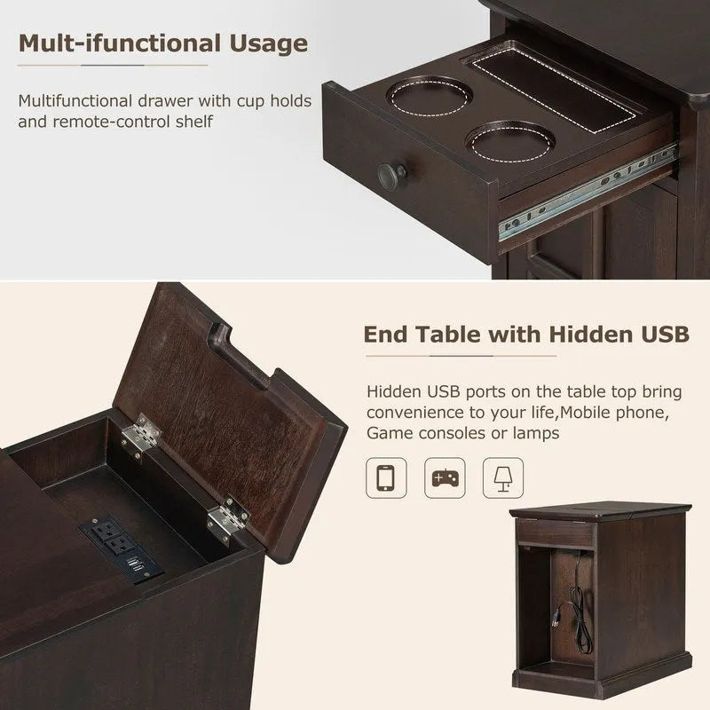 Table d'appoint étroite multifonctionnelle classique vintage avec ports USB et 1 tiroir avec porte-gobelets, table d'appoint de canapé