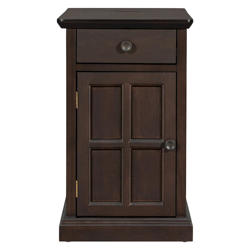 Table d'appoint étroite multifonctionnelle classique vintage avec ports USB et 1 tiroir avec porte-gobelets, table d'appoint de canapé