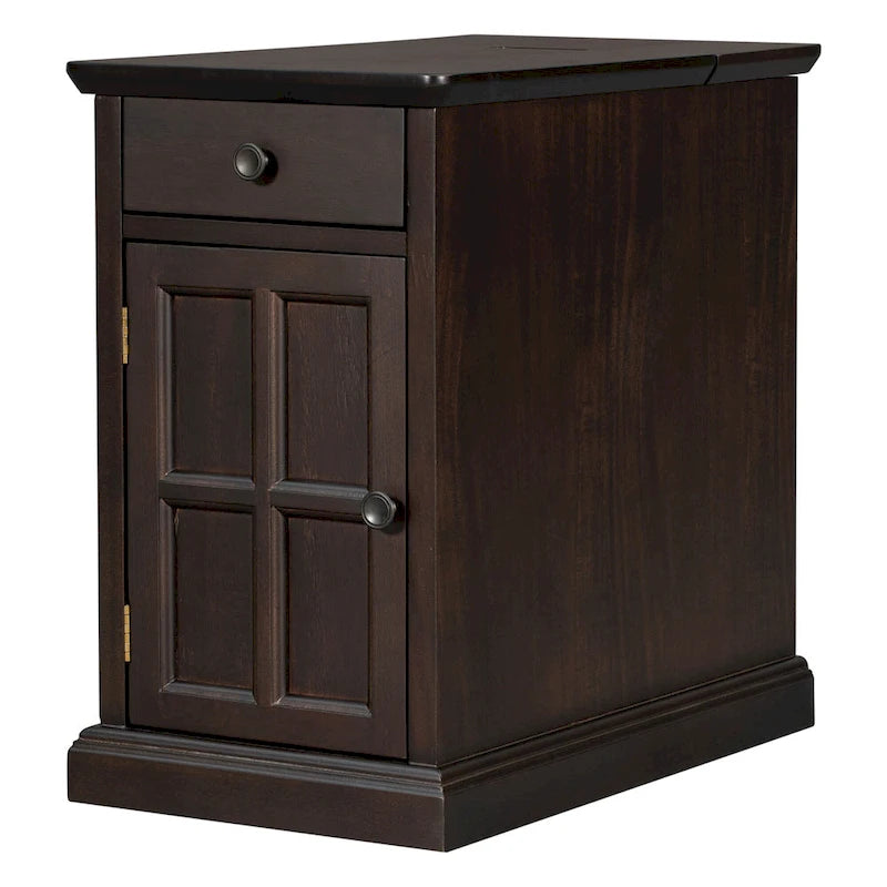 Table d'appoint étroite multifonctionnelle classique vintage avec ports USB et 1 tiroir avec porte-gobelets, table d'appoint de canapé