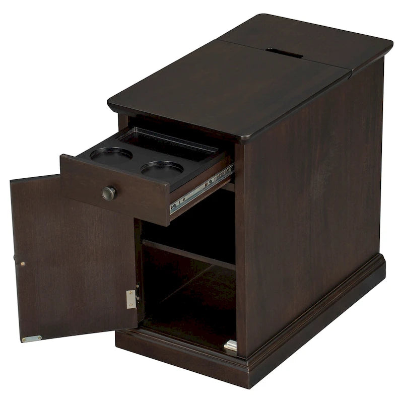 Table d'appoint étroite multifonctionnelle classique vintage avec ports USB et 1 tiroir avec porte-gobelets, table d'appoint de canapé