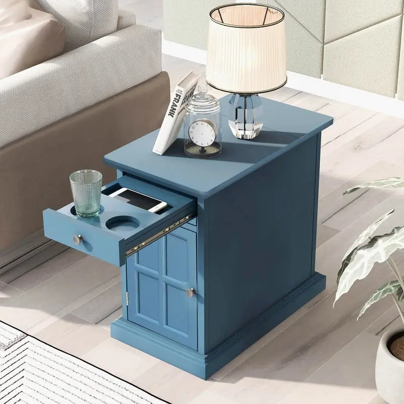 Table d'appoint étroite multifonctionnelle classique vintage avec ports USB et 1 tiroir avec porte-gobelets, table d'appoint de canapé