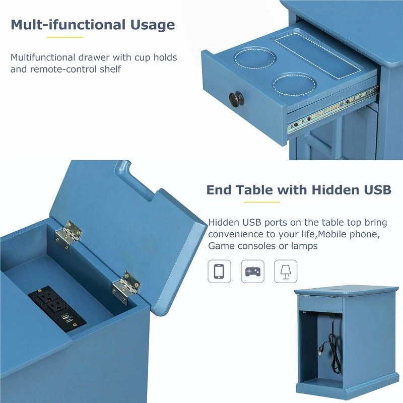 Table d'appoint étroite multifonctionnelle classique vintage avec ports USB et 1 tiroir avec porte-gobelets, table d'appoint de canapé