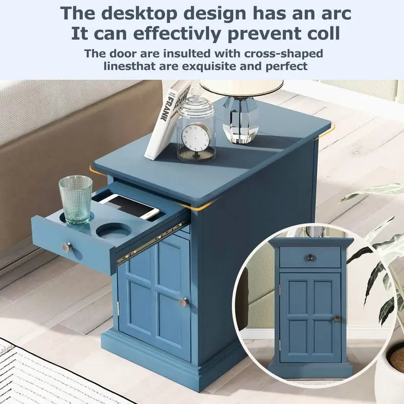 Table d'appoint étroite multifonctionnelle classique vintage avec ports USB et 1 tiroir avec porte-gobelets, table d'appoint de canapé