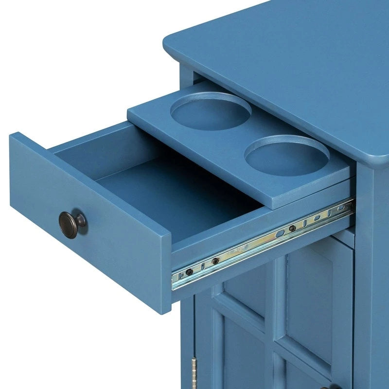 Table d'appoint étroite multifonctionnelle classique vintage avec ports USB et 1 tiroir avec porte-gobelets, table d'appoint de canapé