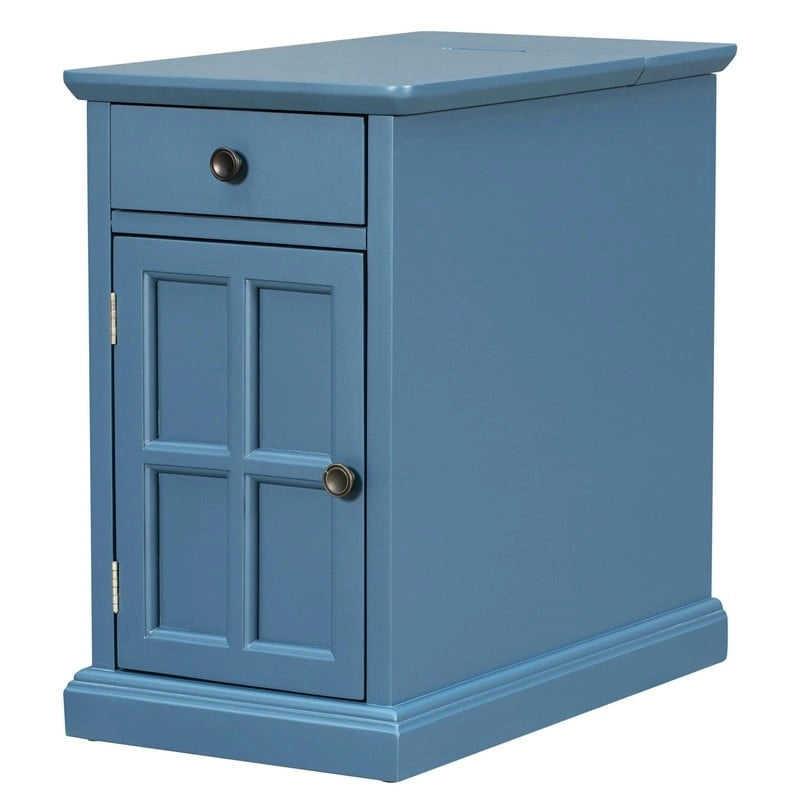 Table d'appoint étroite multifonctionnelle classique vintage avec ports USB et 1 tiroir avec porte-gobelets, table d'appoint de canapé