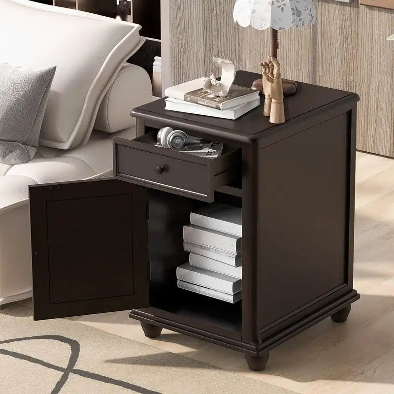 Table d'appoint étroite multifonctionnelle classique vintage avec ports USB et 1 tiroir avec porte-gobelets, table d'appoint de canapé