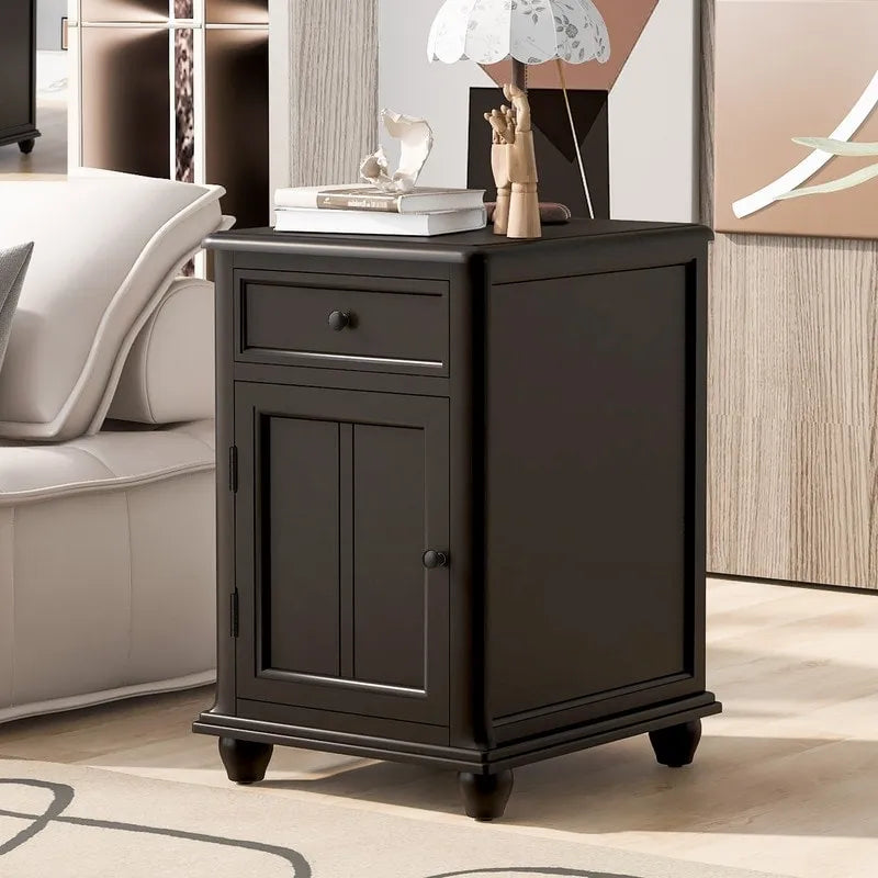 Table d'appoint étroite multifonctionnelle classique vintage avec ports USB et 1 tiroir avec porte-gobelets, table d'appoint de canapé