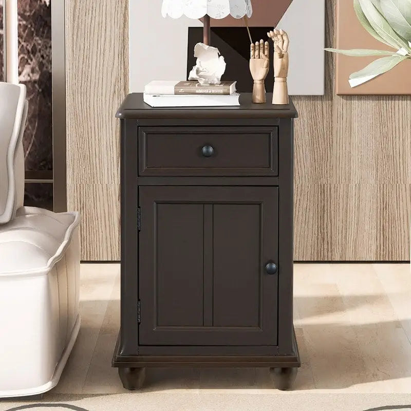 Table d'appoint étroite multifonctionnelle classique vintage avec ports USB et 1 tiroir avec porte-gobelets, table d'appoint de canapé