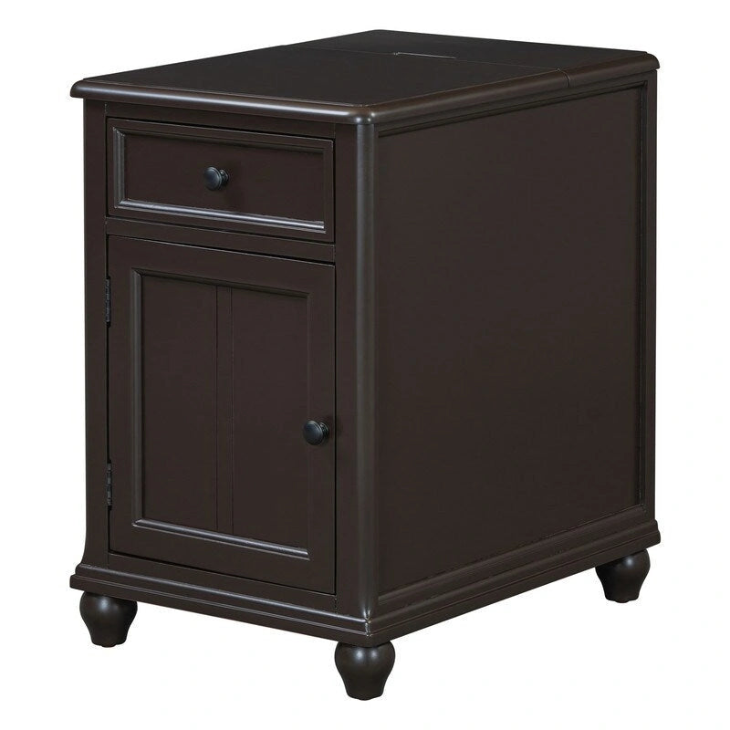 Table d'appoint étroite multifonctionnelle classique vintage avec ports USB et 1 tiroir avec porte-gobelets, table d'appoint de canapé