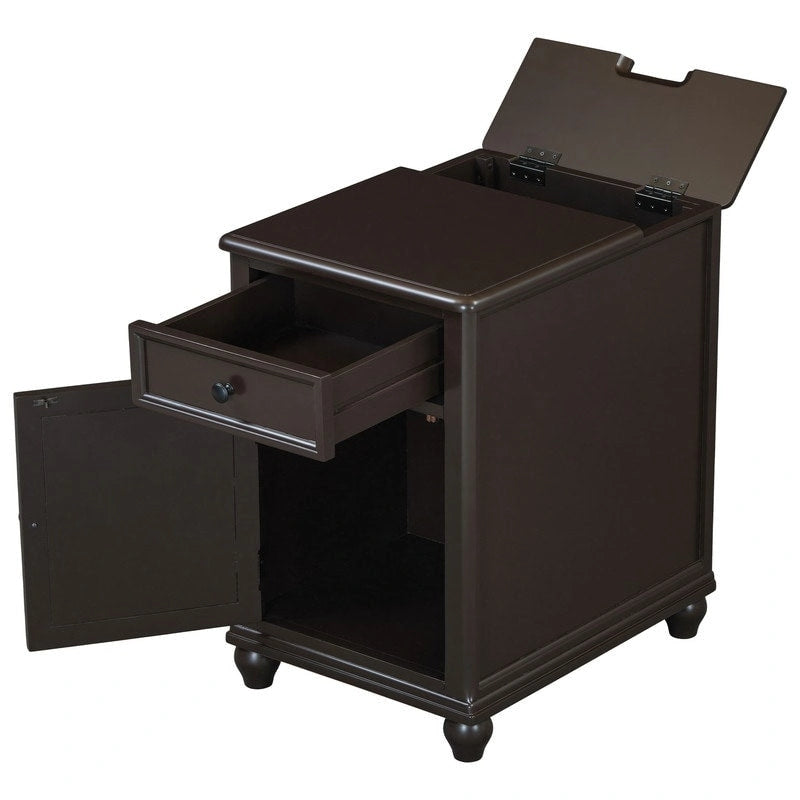 Table d'appoint étroite multifonctionnelle classique vintage avec ports USB et 1 tiroir avec porte-gobelets, table d'appoint de canapé
