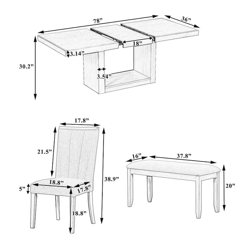 Ensemble de salle à manger contemporain 6 pièces extensible en bois avec banc rembourré et 4 chaises de salle à manger