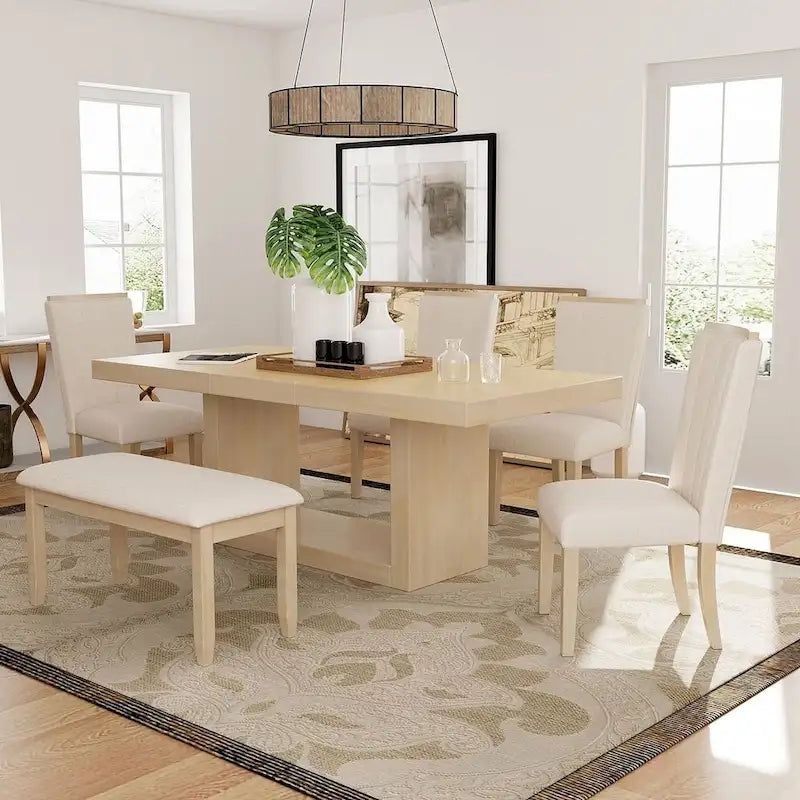 Ensemble de salle à manger contemporain 6 pièces extensible en bois avec banc rembourré et 4 chaises de salle à manger