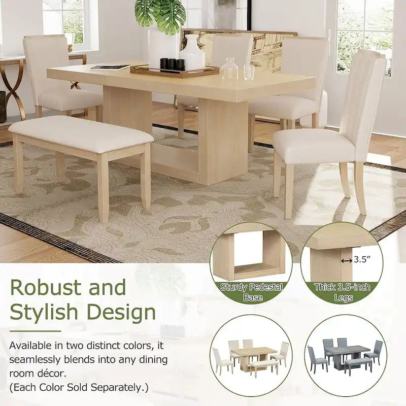 Ensemble de salle à manger contemporain 6 pièces extensible en bois avec banc rembourré et 4 chaises de salle à manger