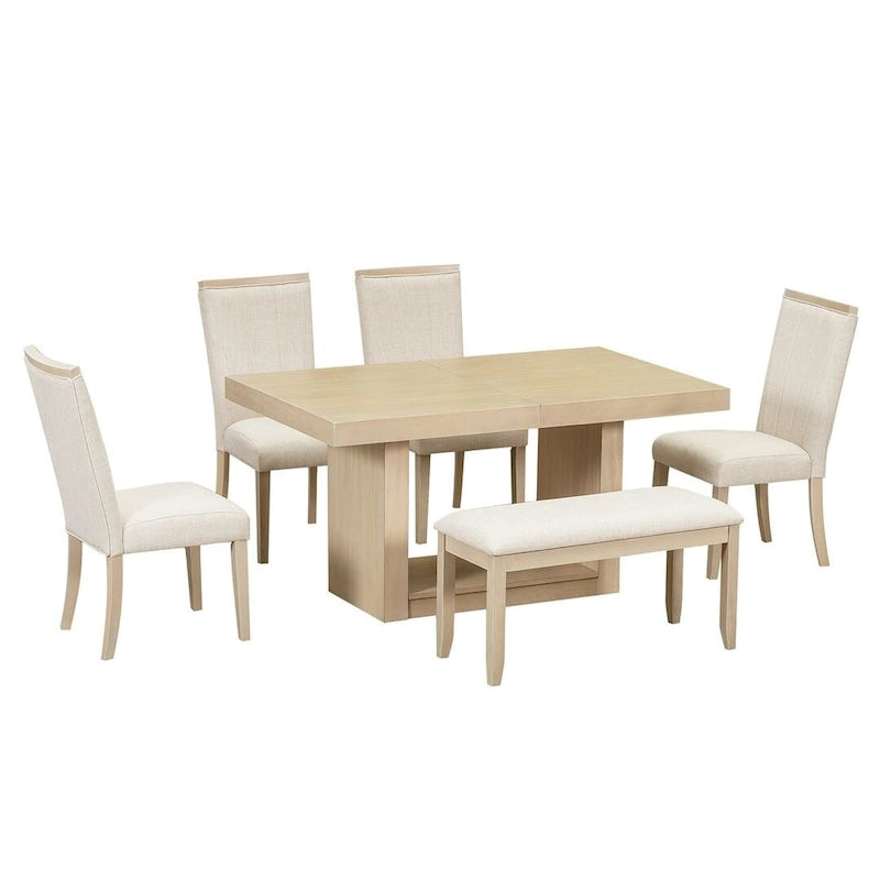 Ensemble de salle à manger contemporain 6 pièces extensible en bois avec banc rembourré et 4 chaises de salle à manger
