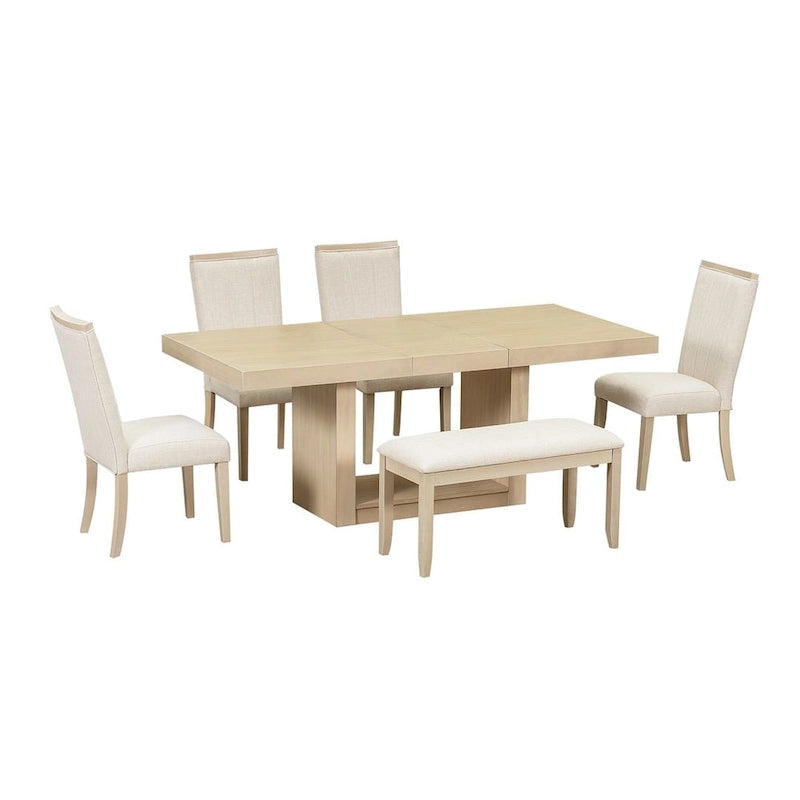 Ensemble de salle à manger contemporain 6 pièces extensible en bois avec banc rembourré et 4 chaises de salle à manger