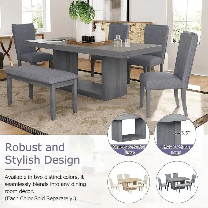 Ensemble de salle à manger contemporain 6 pièces extensible en bois avec banc rembourré et 4 chaises de salle à manger