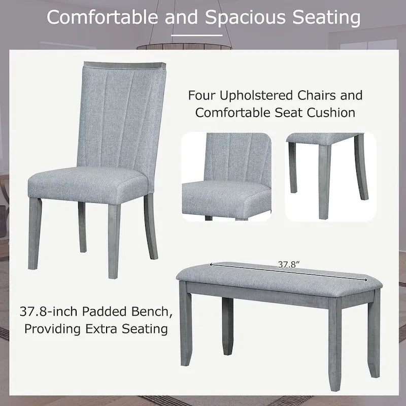 Ensemble de salle à manger contemporain 6 pièces extensible en bois avec banc rembourré et 4 chaises de salle à manger