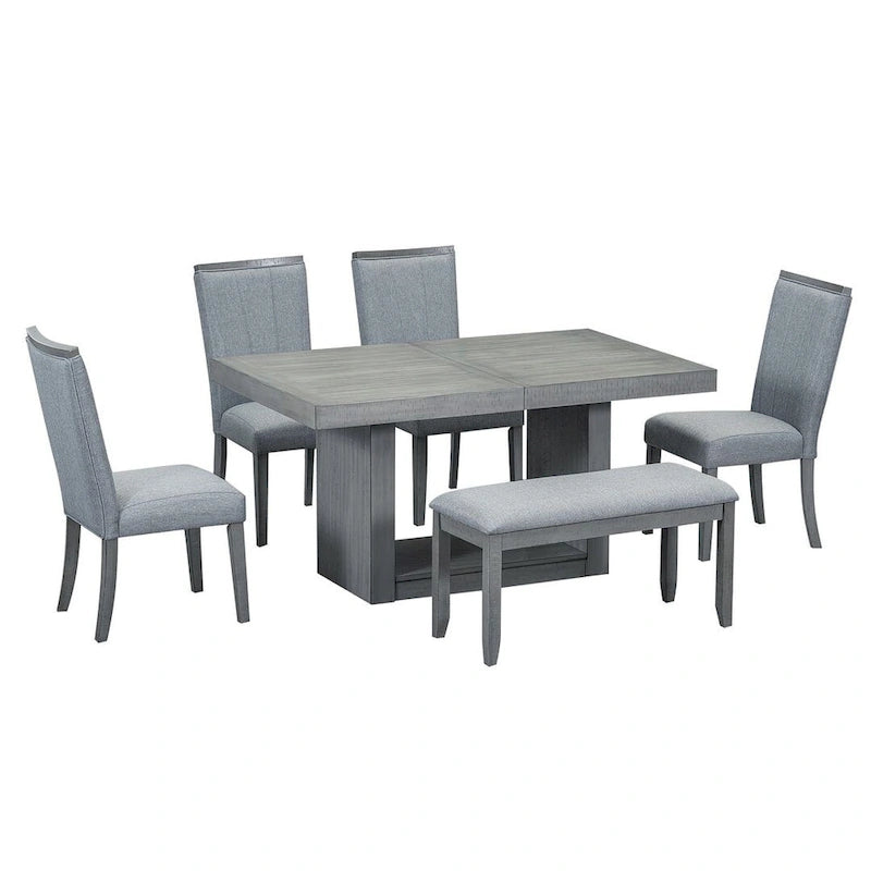 Ensemble de salle à manger contemporain 6 pièces extensible en bois avec banc rembourré et 4 chaises de salle à manger