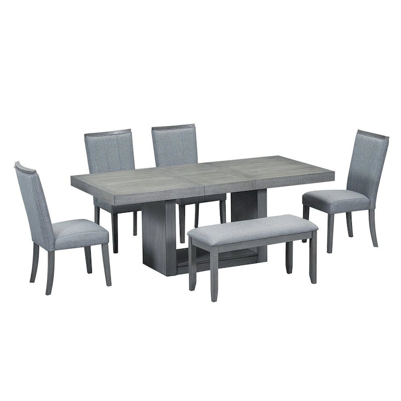 Ensemble de salle à manger contemporain 6 pièces extensible en bois avec banc rembourré et 4 chaises de salle à manger